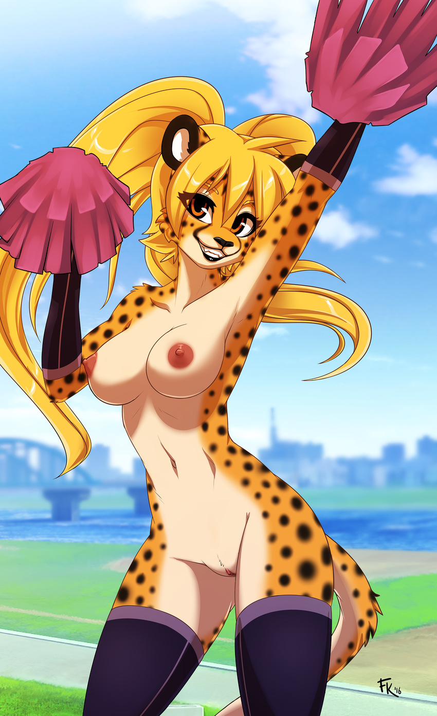 blonde_hair breasts cheetah feline fluff-kevlar furry gold_eyes looking_at_viewer nude pigtails pom_poms smile vagina