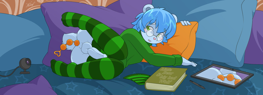 2016 anal anal_beads anal_penetration anthro backsack balls bear bed blue_fur blue_hair blush book bottomless butt camera clothed clothing erection eyewear freckles fur girly glasses green_eyes hair helsy hi_res humanoid_penis legwear looking_back lucky_(userflash) lying male mammal on_bed on_side penetration penis pillow pose sex_toy solo stockings striped_legwear stripes sweater tablet thigh_highs uncut webcam widescreen