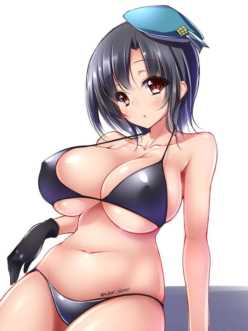 :o alternate_costume arm_support bare_shoulders belly beret bikini black_bikini black_gloves black_hair blush breasts cleavage collarbone commentary_request covered_nipples cowboy_shot gloves hat highres kantai_collection large_breasts looking_at_viewer midoriiro_no_shinzou navel red_eyes short_hair sideboob solo swimsuit takao_(kantai_collection) twitter_username underboob