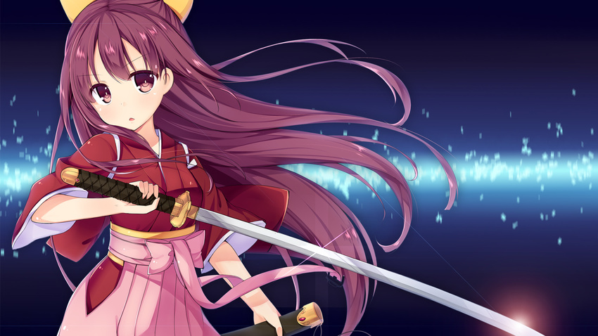 :o amemiya_ruki anchor bow breasts gradient_hair hair_bow hakama highres holding holding_sword holding_weapon japanese_clothes kamikaze_(kantai_collection) kantai_collection katana kimono long_hair looking_at_viewer meiji_schoolgirl_uniform multicolored_hair open_mouth pink_hair pink_hakama pose purple_eyes purple_hair ribbon sheath small_breasts solo sparkle standing sword tasuki weapon wind yellow_ribbon