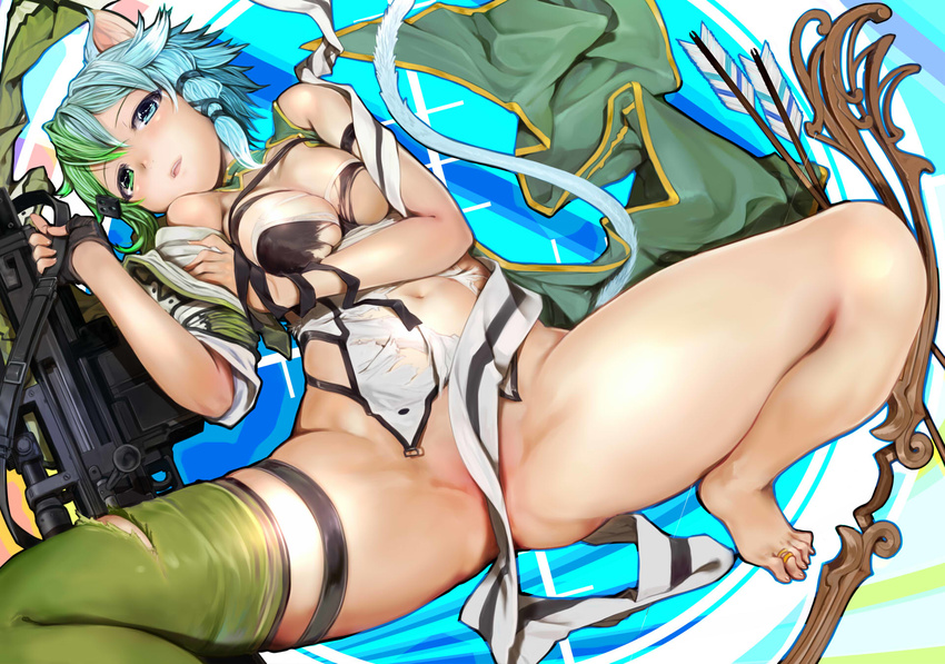 animal_ears anti-materiel_rifle arrow blue_eyes blue_hair bow_(weapon) breasts cat_ears cat_tail commentary_request convenient_censoring dual_persona fingerless_gloves gloves green_eyes green_hair green_legwear gun highres medium_breasts mikazuki_akira! multicolored_hair navel no_panties open_mouth rifle short_hair single_glove single_thighhigh sinon sinon_(sao-alo) sniper_rifle spread_legs sword_art_online tail thigh_strap thighhighs torn_clothes weapon