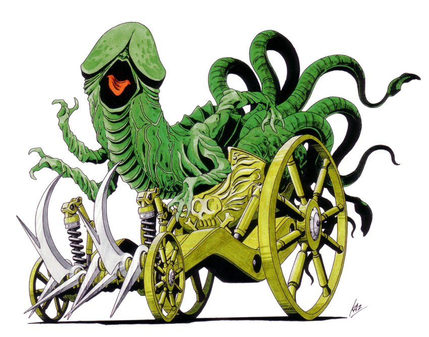 chariot dickhead highres kazuma_kaneko mara_(megami_tensei) multiple_arms no_humans official_art oldschool open_mouth penis shin_megami_tensei skull_and_crossbones solo tentacles tongue