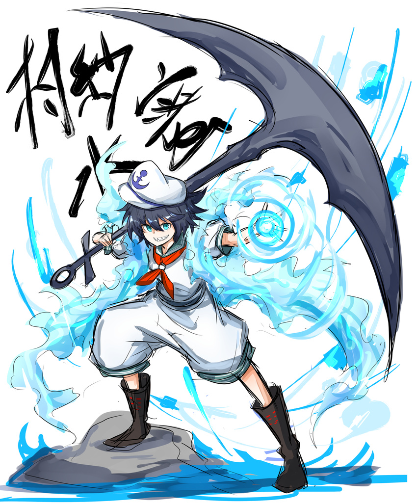 &gt;:) anchor anchor_symbol aura black_footwear black_hair blue_eyes boots commentary_request full_body grin hat highres hishaku huge_weapon kan_(aaaaari35) looking_at_viewer murasa_minamitsu neckerchief over_shoulder sailor sailor_collar sailor_hat short_hair short_sleeves shorts sketch smile solo touhou translated v-shaped_eyebrows weapon weapon_over_shoulder