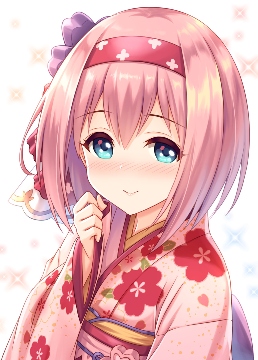 1girl bangs blue_eyes blush closed_mouth commentary_request eyebrows_visible_through_hair floral_print hair_between_eyes hair_ornament hair_ribbon hairband highres japanese_clothes kimono long_sleeves looking_at_viewer nose_blush obi pinching_sleeves pink_hair pink_kimono princess_connect! princess_connect!_re:dive print_kimono red_hairband ribbon sash sleeves_past_wrists smile solo tomo_(user_hes4085) upper_body white_ribbon wide_sleeves yui_(princess_connect)