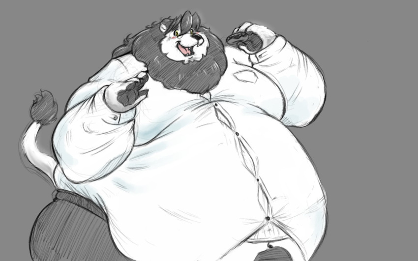 anthro belly belly_overhang big_belly blush claws clothed clothing doughnut eyewear feline food fur glasses grey_background holding_food holding_object hyper hyper_belly lion love_handles male mammal mane moobs navel obese obese_male open_mouth open_smile overweight overweight_male pantherine saintdraconis simple_background smile solo straining_buttons tail_tuft teeth tongue tuft wide_hips