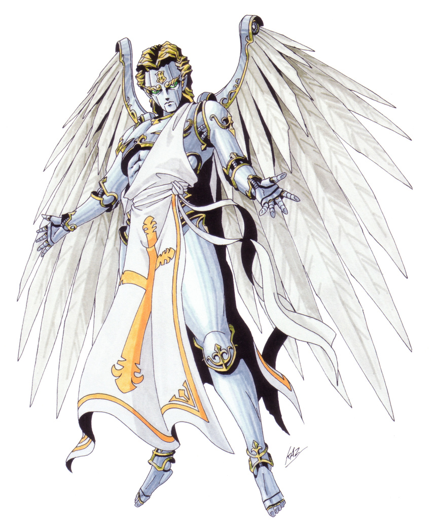 android angel angel_wings artist_name blonde_hair cross gold green_eyes highres kazuma_kaneko looking_at_viewer male_focus mechanical metatron_(megami_tensei) official_art oldschool robot_joints shin_megami_tensei solo tabard wings