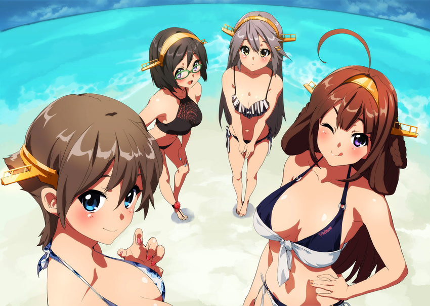 ;q ^_^ ahoge bangs bare_arms bare_legs barefoot beach bikini black_bikini black_hair blue_eyes blush braid breast_squeeze breasts brown_eyes claw_pose cleavage closed_eyes closed_mouth collarbone contrapposto day frilled_bikini frills from_above front-tie_bikini front-tie_top glasses green-framed_eyewear grey_hair hair_between_eyes hair_ornament hairband hairclip halterneck hand_on_hip hand_on_own_thigh haruna_(kantai_collection) headgear hiei_(kantai_collection) kantai_collection kirishima_(kantai_collection) kongou_(kantai_collection) large_breasts leaning_forward long_hair looking_at_viewer looking_up medium_breasts multi-strapped_bikini multiple_girls nail_polish navel o-ring o-ring_top ocean one_eye_closed outdoors own_hands_together pink_nails purple_eyes ruuto_(sorufu) shadow short_hair side-tie_bikini sky standing stomach summer swept_bangs swimsuit tongue tongue_out v_arms