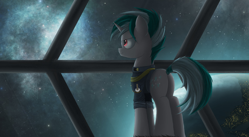 clothed clothing cosmic_view cutie_mark detailed_background equine fan_character feral green_hair hair hooves horn male mammal my_little_pony ncmares pink_eyes ridged_horn smile solo space standing unicorn white_hair
