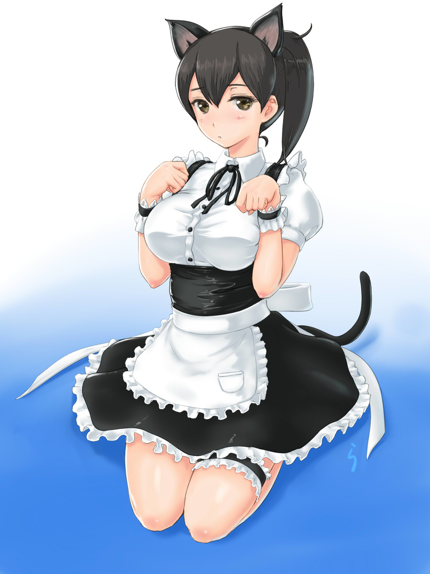 :o alternate_costume animal_ears apron black_hair blush brown_eyes cat_ears cat_tail dress highres kaga_(kantai_collection) kantai_collection leg_garter maid paw_pose rasukaru seiza side_ponytail sitting solo tail waist_apron wrist_cuffs