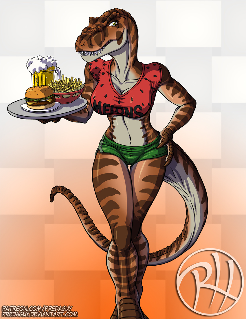 alcohol anthro anthrosaurs beer beverage booty_shorts breasts burger cleavage clothed clothing digital_media_(artwork) dinosaur female food fries matilda_(raphael) non-mammal_breasts predaguy shirt shorts tank_top theropod thigh_gap tyrannosaurus_rex