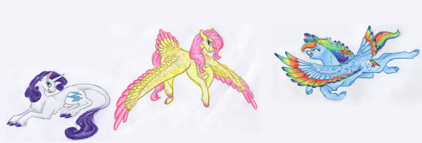 absurd_res blue_eyes blue_feathers blue_fur cutie_mark dawn22eagle equine eyelashes eyes_closed feathered_wings feathers female feral fluttershy_(mlp) flying friendship_is_magic fur group hair hi_res hooves horn mammal multicolored_feathers multicolored_hair my_little_pony nude pegasus pink_feathers pink_hair purple_hair rainbow_dash_(mlp) rainbow_feathers rainbow_hair rarity_(mlp) simple_background smile traditional_media_(artwork) unicorn white_background white_fur wings yellow_feathers yellow_fur
