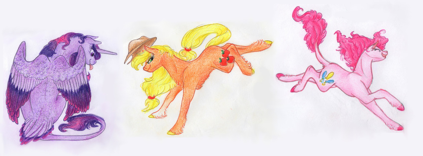 absurd_res applejack_(mlp) blonde_hair cutie_mark dawn22eagle earth_pony equine eyelashes eyes_closed feathered_wings feathers female feral friendship_is_magic fur gradient_feathers green_eyes group hair hat hi_res hooves horn horse jumping mammal my_little_pony nude orange_fur pink_fur pink_hair pinkie_pie_(mlp) pony purple_feathers purple_fur purple_hair simple_background sitting smile smooth_horn standing tongue traditional_media_(artwork) twilight_sparkle_(mlp) white_background winged_unicorn wings