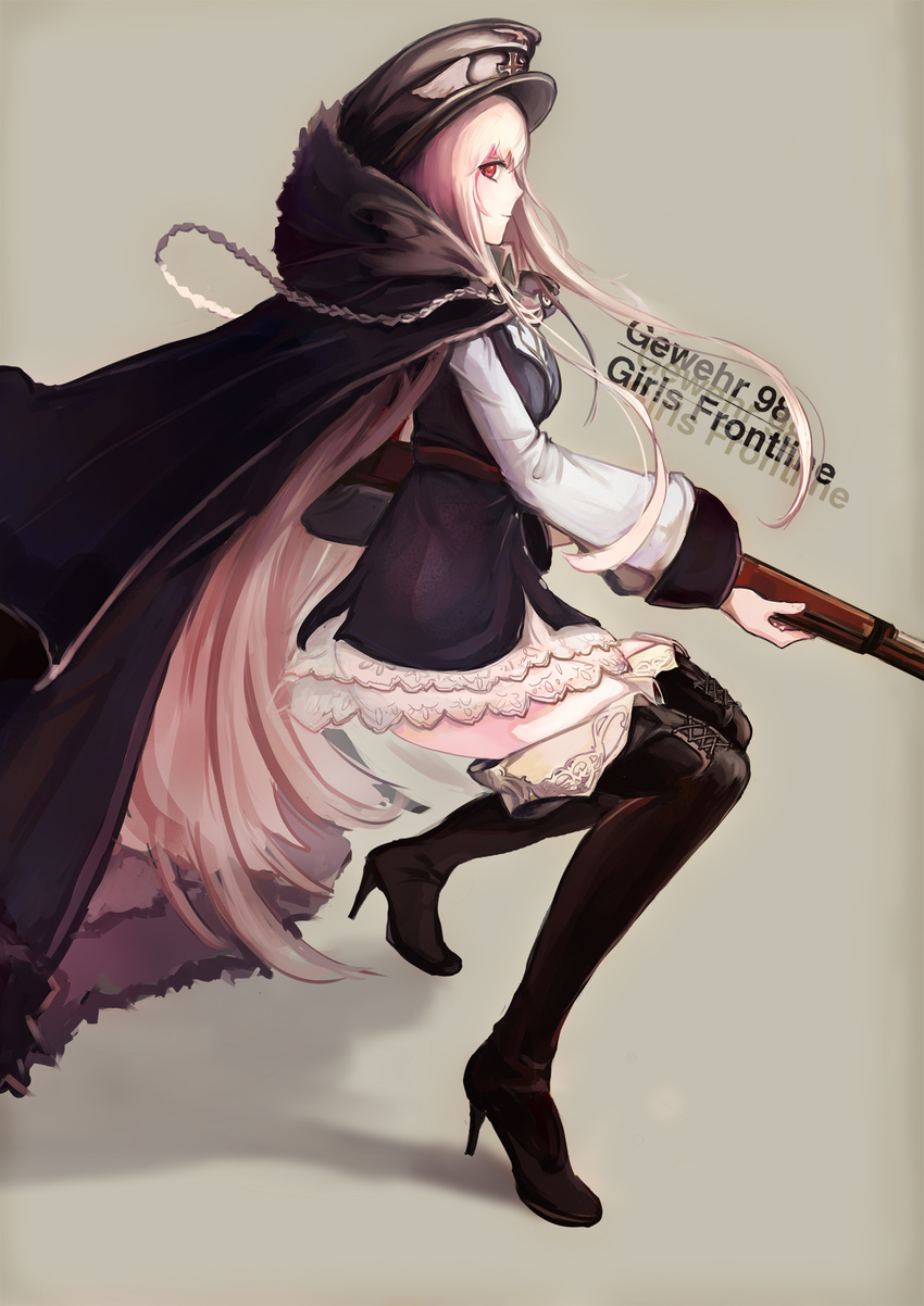 albino black_footwear black_hat black_legwear bolt_action boots character_name chen_feng_si copyright_name full_body girls_frontline grey_background gun hat high_heel_boots high_heels highres jacket_on_shoulders kar98k_(girls_frontline) long_hair looking_at_viewer mauser_98 peaked_cap profile red_eyes rifle skirt solo squatting thigh_boots thighhighs very_long_hair weapon white_hair