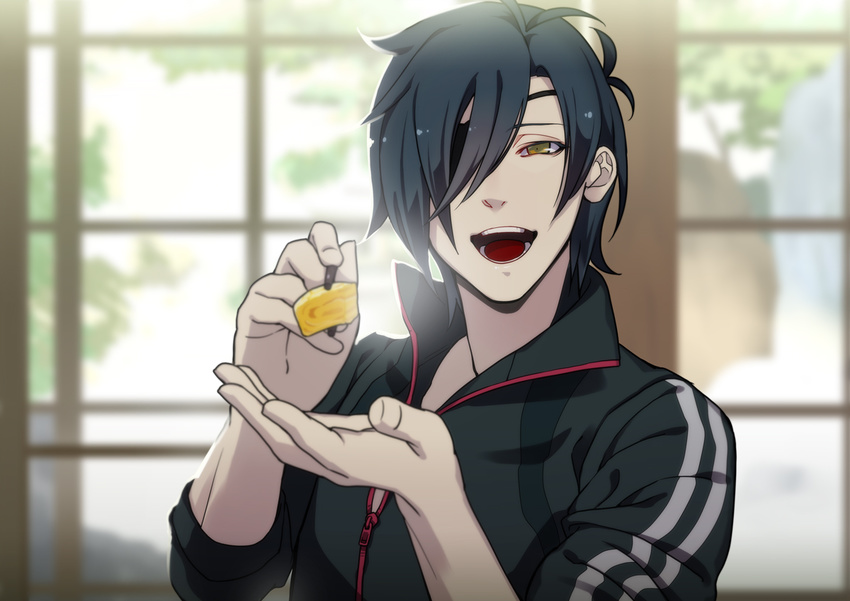 1boy alternate_costume blue_hair collared_shirt eyepatch feeding food half-closed_eyes indoors looking_at_viewer male_focus open_mouth personification pov samurai10932 shokudaikiri_mitsutada smile solo touken_ranbu tsurime upper_body yellow_eyes