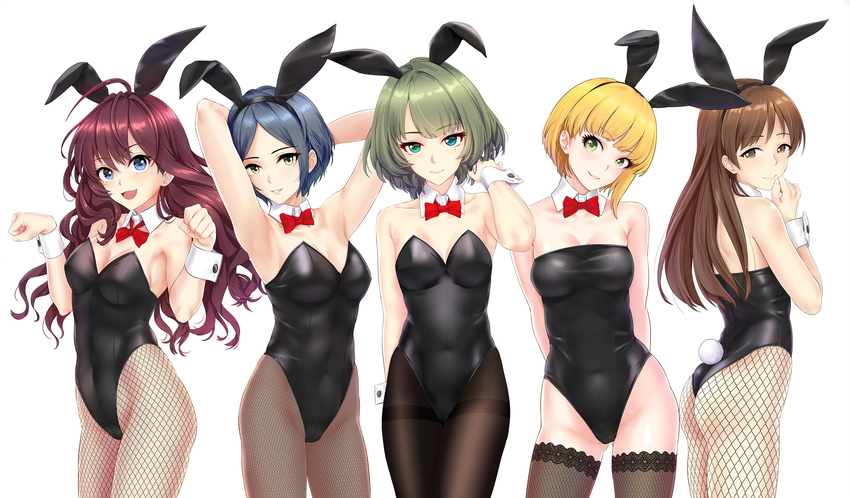 animal_ears armpits arms_behind_back arms_up ass bangs bare_shoulders black_hair blonde_hair blue_eyes bow bowtie breasts brown_hair bunny_day bunny_ears bunny_girl bunny_tail bunnysuit cleavage covered_navel cowboy_shot detached_collar fishnet_pantyhose fishnets green_eyes hayami_kanade head_tilt heterochromia highres ichinose_shiki idolmaster idolmaster_cinderella_girls infinote lace lace-trimmed_thighhighs long_hair looking_at_viewer medium_breasts miyamoto_frederica mole mole_under_eye multiple_girls nitta_minami pantyhose parted_bangs parted_lips paw_pose short_hair simple_background small_breasts smile swept_bangs tail takagaki_kaede thighband_pantyhose thighhighs white_background wrist_cuffs yellow_eyes