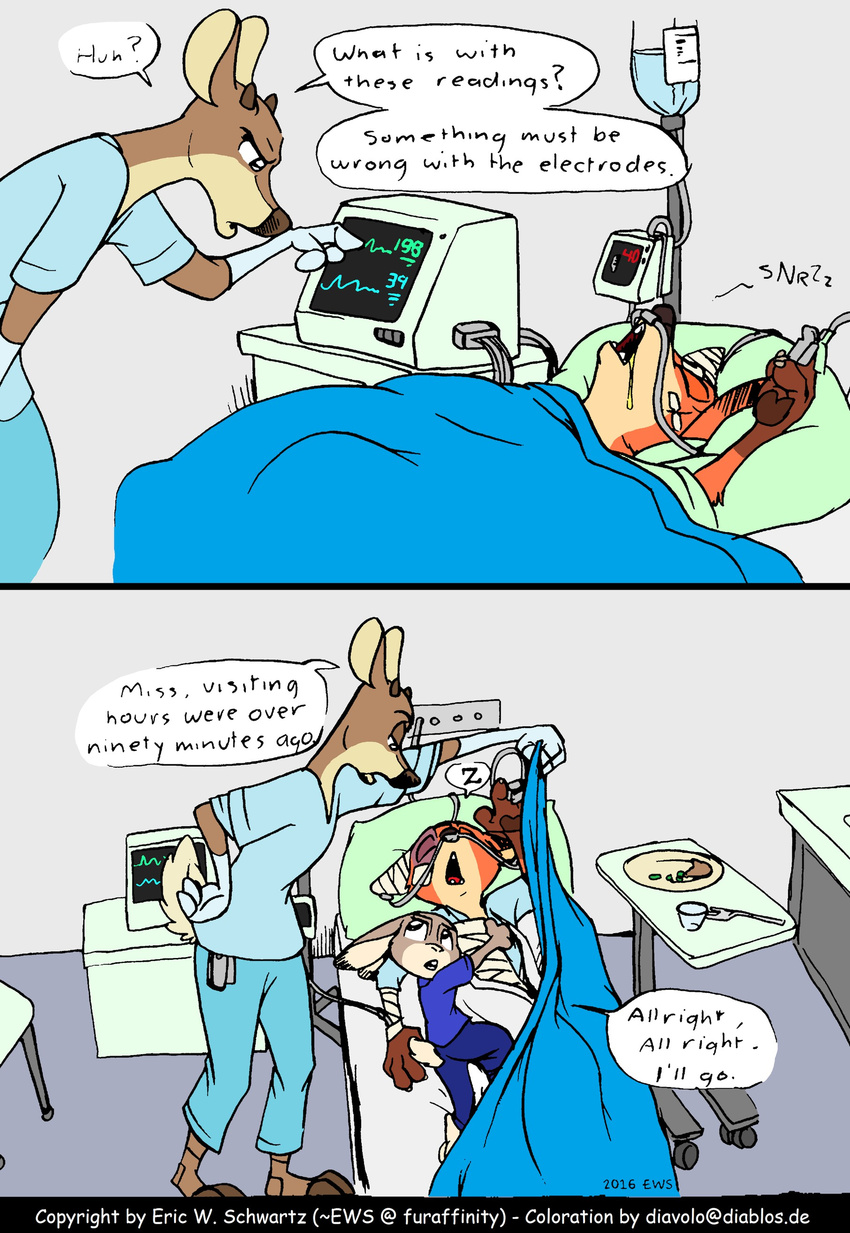 anthro bandage bed canine cervine clothed clothing comic cuddling deer dialogue diavololo disney doctor english_text eric_schwartz female fox hi_res hospital judy_hopps lagomorph lying male mammal monochrome nick_wilde on_back on_bed patient rabbit simple_background sleeping speech_bubble text wounded zootopia