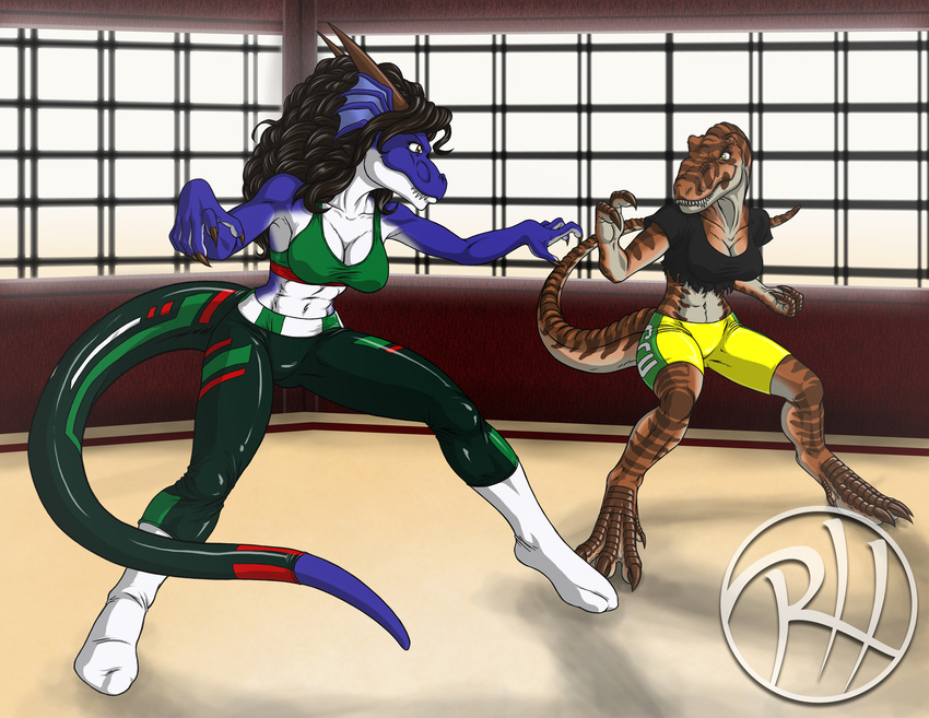 anthro anthrosaurs armpits clothing digital_media_(artwork) dinosaur dojo dragon duo female fight horn legwear martial_arts matilda_(raphael) mexicana predaguy shorts socks spandex theropod tyrannosaurus_rex yoga_pants