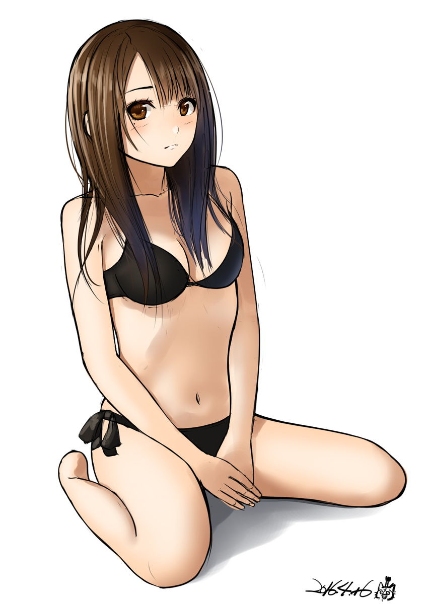 artist_logo bikini black_bikini blush breasts brown_eyes brown_hair cleavage full_body highres kentaurosu long_hair looking_at_viewer medium_breasts mole mole_under_eye navel original simple_background sitting sketch solo swimsuit wariza watermark