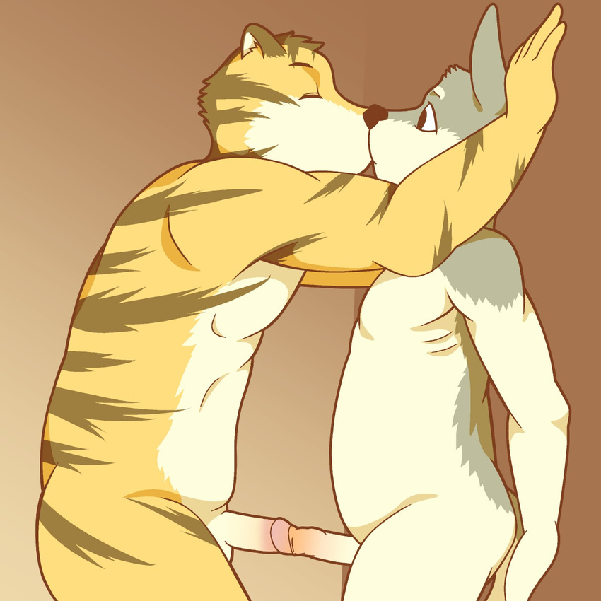 anthro canine circumcised dangerously docking dog eyes_closed feline humanoid_penis husky interspecies kissing long_ears long_foreskin male male/male mammal muscular nude penis simple_background slightly_chubby tiger uncut