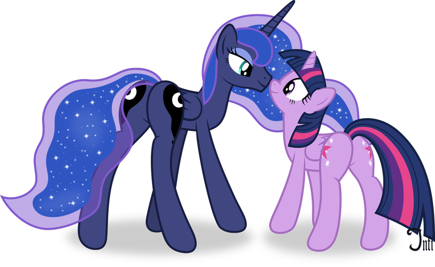 2015 absurd_res alpha_channel blue_eyes blue_feathers blue_fur blue_hair cutie_mark duo equine eye_contact feathered_wings feathers female feral friendship_is_magic fur hair hi_res horn infinitoa mammal multicolored_hair my_little_pony princess_luna_(mlp) purple_eyes purple_feathers purple_fur simple_background smile transparent_background twilight_sparkle_(mlp) winged_unicorn wings