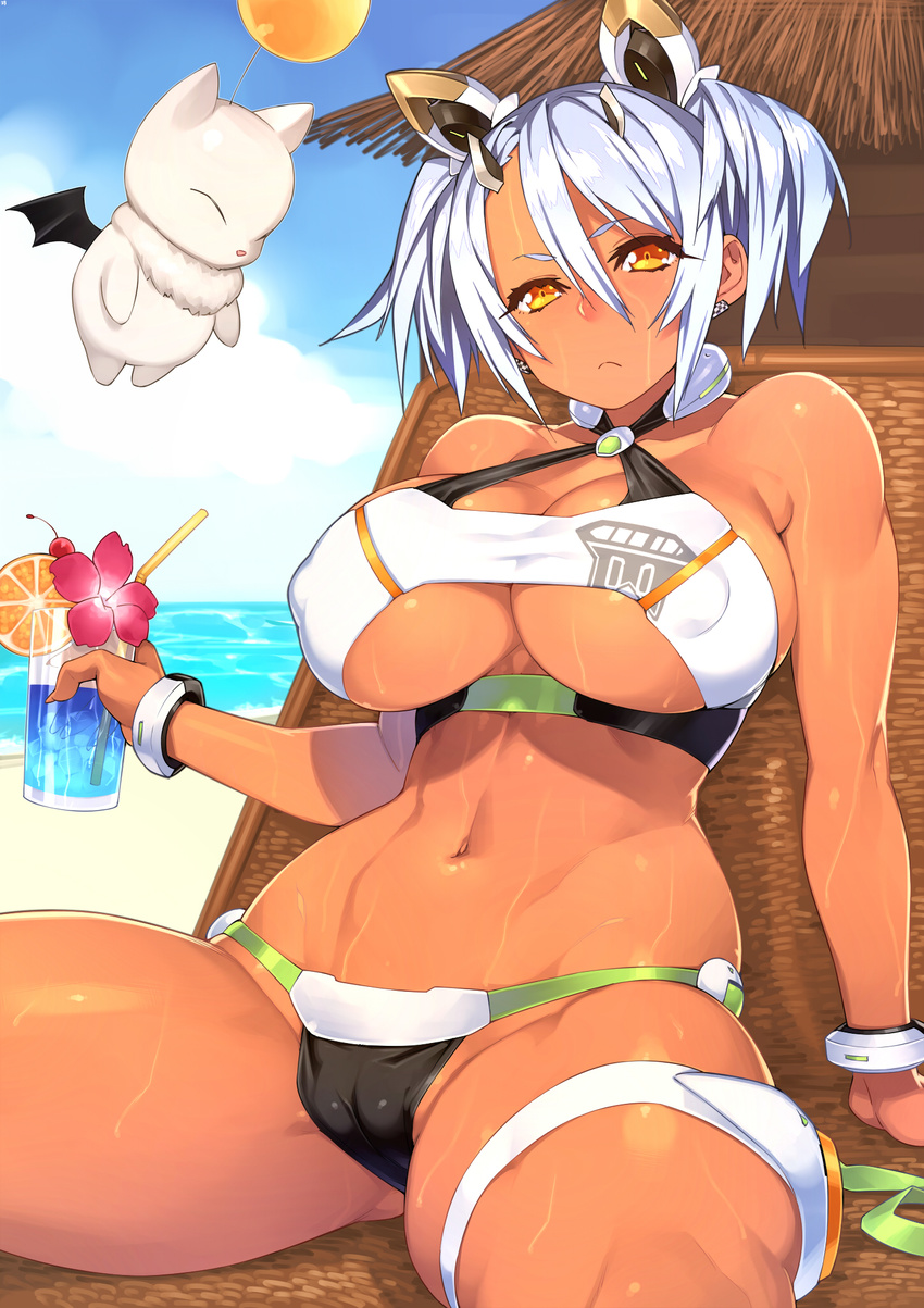 23_(real_xxiii) bikini blush bracelet breasts cameltoe cherry cosplay covered_nipples criss-cross_halter dark_skin drinking_straw final_fantasy flower food fruit gene_(pso2) gene_(pso2)_(cosplay) glass halter_top halterneck headgear highres holding jewelry large_breasts long_hair moogle navel orange orange_eyes original phantasy_star phantasy_star_online_2 silver_hair sitting solo swimsuit twintails
