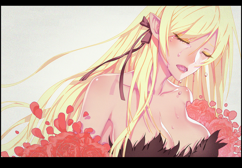 bare_shoulders blonde_hair breasts cleavage closed_eyes crying flower kiss-shot_acerola-orion_heart-under-blade kizumonogatari large_breasts long_hair madyy monogatari_(series) open_mouth pointy_ears sleeveless solo tears vampire