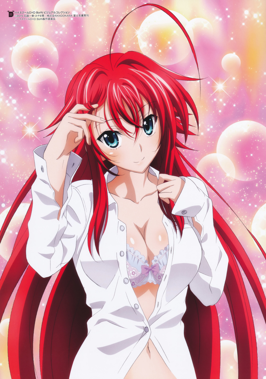 1girl absurdres ahoge bra breasts cleavage dress_shirt gotou_junji high_school_dxd highres huge_ahoge large_breasts long_hair megami navel official_art red_hair rias_gremory shirt smile solo unbuttoned underwear very_long_hair