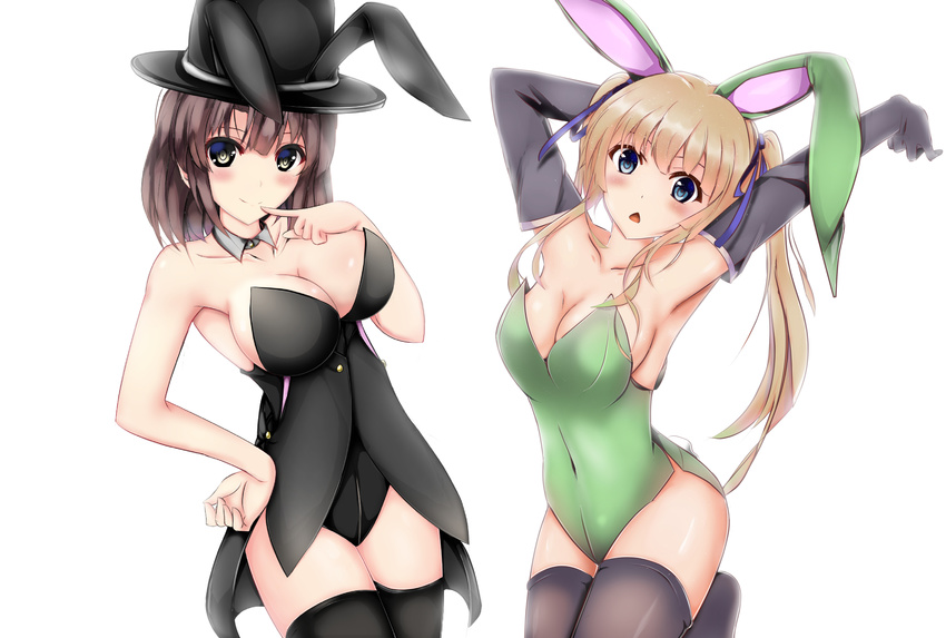 absurdres alternate_costume animal_ears armpits arms_up bangs bare_shoulders black_gloves black_hat black_legwear black_leotard blonde_hair blue_eyes blue_ribbon blush breasts brown_eyes brown_hair bunny_ears bunny_girl bunny_tail bunnysuit cleavage closed_mouth collarbone commentary_request covered_navel cowboy_shot detached_collar elbow_gloves fake_animal_ears finger_to_mouth gloves green_leotard hair_ribbon hand_on_hip hand_up hat highres katou_megumi large_breasts leotard long_hair looking_at_viewer medium_breasts mizuki_(satukisen) multiple_girls ribbon saenai_heroine_no_sodatekata sawamura_spencer_eriri short_hair sideboob simple_background smile standing strapless strapless_leotard tail tareme thighhighs top_hat triangle_mouth twintails white_background work_in_progress