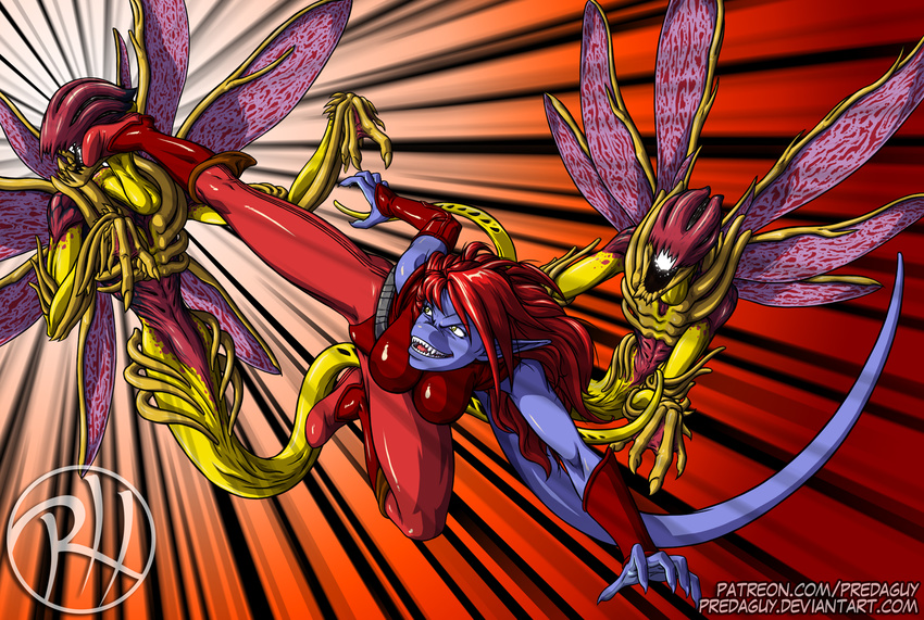alien breasts creatures fan_character fangs fight hair insectoid kick predaguy red_hair skintight_suit spandex wings