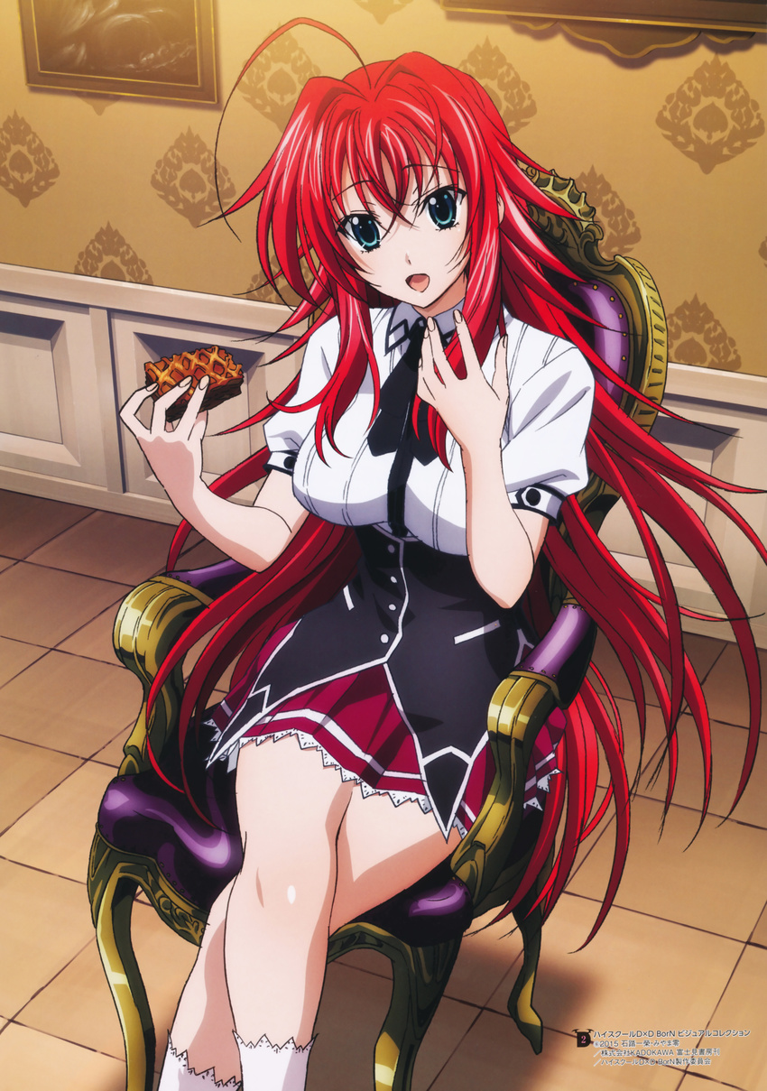 1girl absurdres ahoge blue_eyes breasts cleavage female gotou_junji high_school_dxd highres large_breasts legs_crossed long_hair official_art red_hair rias_gremory school_uniform sitting smile solo very_long_hair