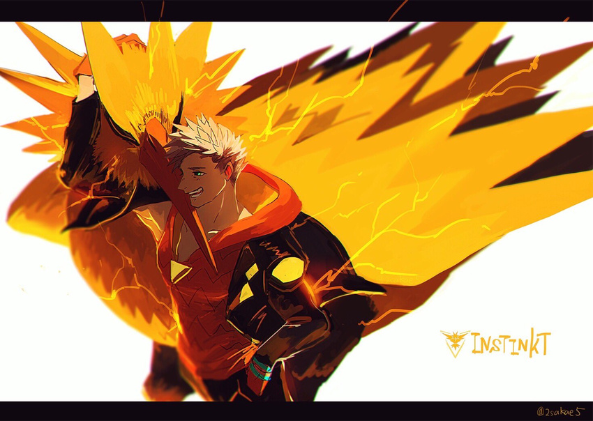 bird blonde_hair electricity engrish gen_1_pokemon gloves hand_in_pocket hood hoodie hscatter jacket legendary_pokemon letterboxed male_focus open_clothes open_jacket orange_gloves pokemon pokemon_(creature) pokemon_go profile ranguage simple_background smirk spark_(pokemon) team_instinct white_background zapdos