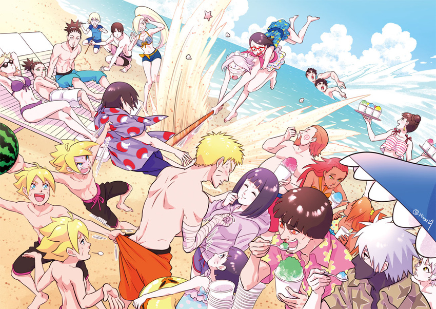 6+girls akimichi_chouchou akimichi_chouji beach beard bikini blindfold blue_sky boruto:_naruto_the_movie breasts butt_crack cleavage clone cloud cloudy_sky day dutch_angle eating everyone facial_hair family father_and_daughter father_and_son food fruit goatee haruno_sakura hatake_kakashi hood hoodie horizon husband_and_wife hyuuga_hinata karui kurama_(naruto) male_swimwear medium_breasts metal_lee might_guy mitsuki_(naruto) mother_and_daughter mother_and_son multiple_boys multiple_girls nara_shikadai nara_shikamaru naruto naruto_(series) ocean outdoors risuo rock_lee sai_(naruto) sand seashell shaved_ice shell shirtless sky spiked_hair starfish swim_trunks swimming swimsuit swimwear temari tenten uchiha_sarada uchiha_sasuke uzumaki_boruto uzumaki_himawari uzumaki_naruto watermelon whisker_markings yamanaka_ino yamanaka_inojin