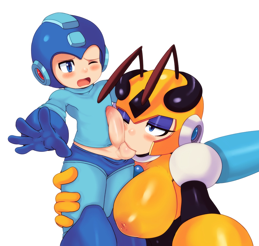 1girl areolae blush breasts erection eyeshadow fellatio helmet hetero honey_woman inverted_nipples large_breasts makeup mato_spectoru md5_mismatch nipples oral penis rockman rockman_(character) rockman_(classic) sucking_testicles testicles