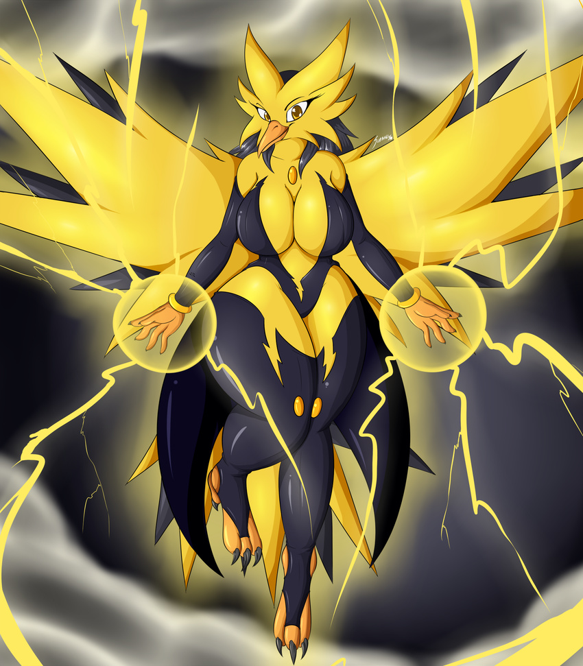 2016 anthro beak big_breasts breasts claws cleavage clothed clothing electricity female hi_res legendary_pok&eacute;mon legwear looking_at_viewer nintendo pok&eacute;mon pok&eacute;morph solo spread_wings suirano toe_claws video_games wings zapdos