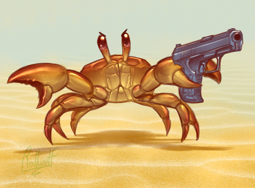 ambiguous_gender angry arthropod crab crustacean death_stare english_text gun looking_at_viewer marine pincers ranged_weapon rollwulf sand signature solo text weapon