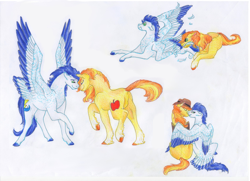 absurd_res blonde_hair blue_eyes blue_feathers blue_fur blue_hair braeburn_(mlp) clothing cutie_mark dawn22eagle duo equine eyes_closed feathered_wings feathers feral friendship_is_magic fur green_eyes hair hat hi_res hooves male mammal multicolored_hair my_little_pony nude orange_hair pegasus red_hair simple_background smile soarin_(mlp) traditional_media_(artwork) vest white_background wings wonderbolts_(mlp)