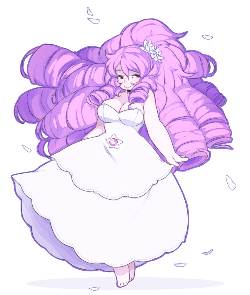 barefoot breasts cleavage dress drill_hair flower gem hair_flower hair_ornament highres large_breasts long_hair looking_at_viewer navel_cutout petals pink_hair punipaws rose_quartz_universe smile solo steven_universe very_long_hair white_dress