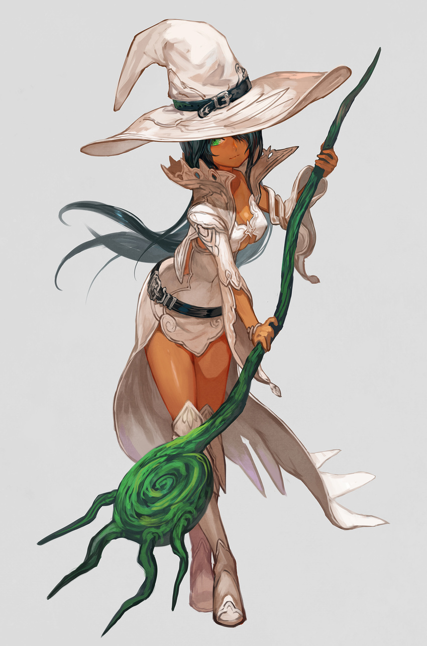 black_hair boots breasts cleavage dark_skin full_body green_eyes grey_background hair_over_one_eye hat highres knee_boots lack large_breasts long_hair original simple_background solo staff white_footwear white_witch_(lack) witch_hat