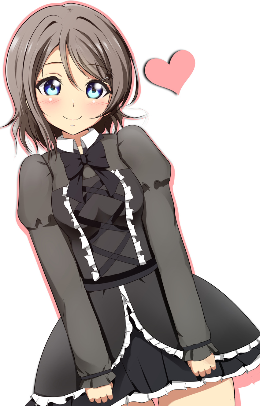 absurdres ankoiri black_dress black_neckwear blue_eyes blush bow bowtie brown_hair center_frills clenched_hands collared_dress cross-laced_clothes dress dutch_angle gothic_lolita grey_hair hair_ornament hairpin heart highres juliet_sleeves lolita_fashion long_sleeves looking_at_viewer love_live! love_live!_sunshine!! puffy_sleeves short_hair smile solo watanabe_you