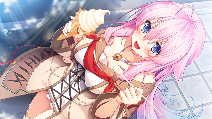 1girl aristear_remain astronauts astronauts_comet blush breasts dress food game_cg happy highres ice_cream kokusan_moyashi large_breasts legs long_hair looking_at_viewer multicolored_eyes open_mouth outdoors pink_hair rozea ruru_(aristear_rimain) smile solo standing sunlight thighs walking