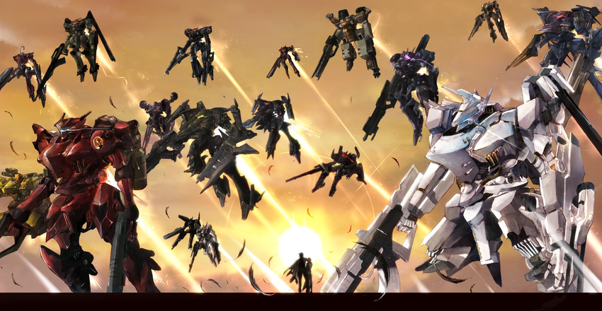 armored_core armored_core_4 backlighting bad_id bad_nicoseiga_id character_request condensation_trail flying gun highres holding holding_gun holding_weapon letterboxed machinery mecha mecha_request mono_(jdaj) rifle standing sun sunlight weapon white_glint