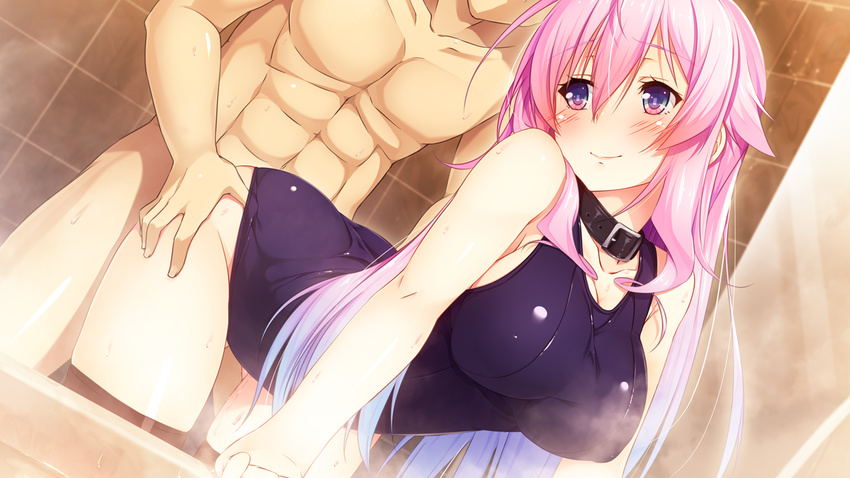 1girl aristear_remain ass astronauts astronauts_comet bare_arms bare_shoulders bath bathroom bathtub bent_over blush breasts clothed_female_nude_male clothed_sex collar game_cg highres indoors kokusan_moyashi large_breasts legs long_hair looking_back multicolored_eyes pink_hair rozea ruru_(aristear_rimain) sex smile solo_focus steam swimsuit thighhighs thighs vaginal