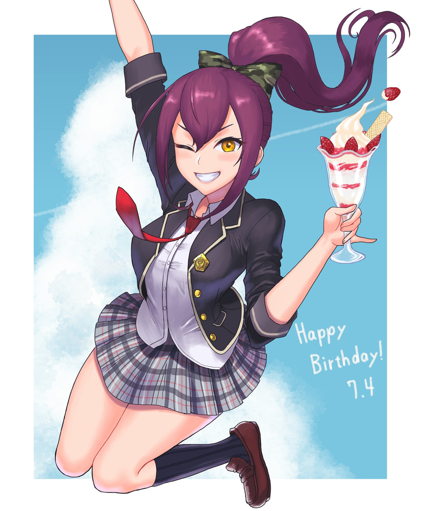 bangs blush bow breasts food fruit grin hair_bow happy_birthday highres ibuki_imina ice_cream long_hair looking_at_viewer medium_breasts necktie one_eye_closed parfait ponytail purple_hair school_girl_strikers school_uniform shigatsugata skirt smile solo strawberry sundae wafer yellow_eyes