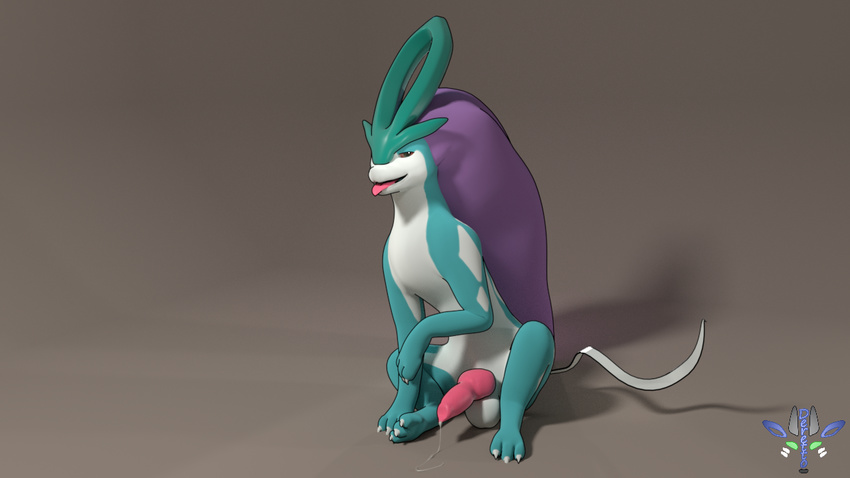 3d_(artwork) balls canine deretto digital_media_(artwork) feral knot legendary_pok&eacute;mon male mammal nintendo penis pok&eacute;mon precum quadruped solo suicune tongue video_games