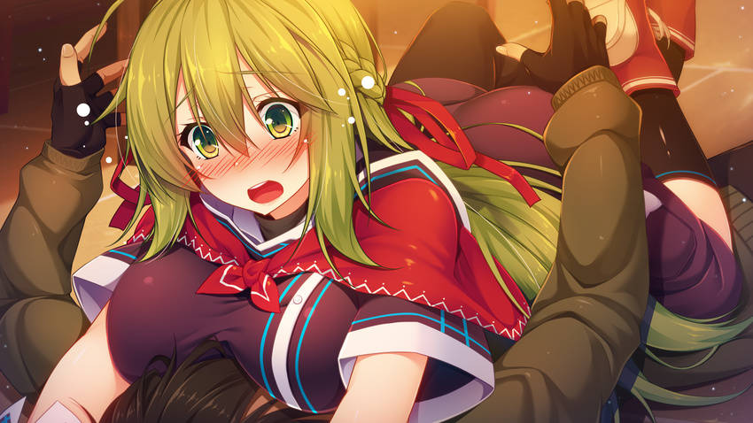 1girl aristear_remain ass astronauts astronauts_comet breast_press breasts cape eyebrows eyebrows_visible_through_hair fingerless_gloves game_cg green_eyes green_hair highres ichinose_anzu kokusan_moyashi large_breasts legs long_hair long_sleeves looking_at_another lying lying_on_person on_stomach open_mouth raised_eyebrows rozea sneakers socks solo_focus thighs