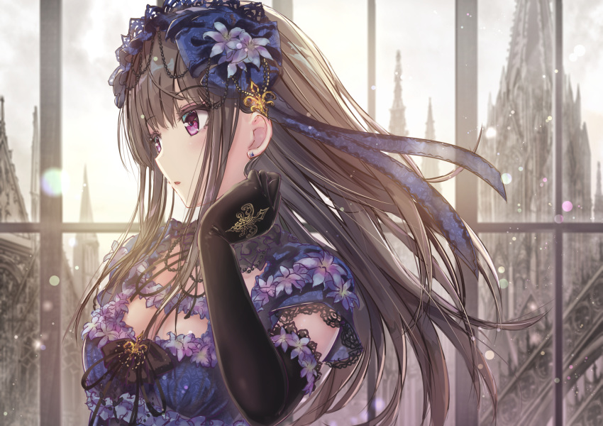 1girl bangs black_gloves blue_dress breasts brown_hair cloud cloudy_sky commentary_request dress elbow_gloves eyebrows_visible_through_hair flower gloves hand_up head_tilt highres long_hair missile228 original overcast parted_lips purple_eyes purple_flower sky small_breasts solo tower upper_body very_long_hair window