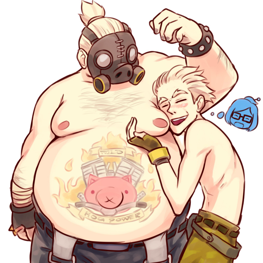 big_belly blonde_hair breast_grab chest_hair fat fat_man fingerless_gloves gas_mask glasses gloves grabbing imagining junkrat_(overwatch) manboobs mei_(overwatch) multiple_boys overwatch roadhog_(overwatch) shirtless sieyarelow tattoo topknot white_hair