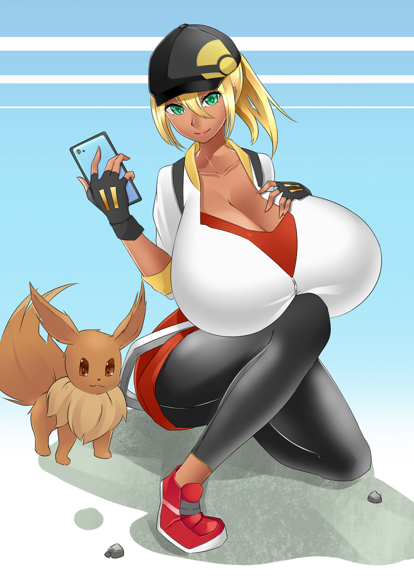 blonde_hair blue_bunny dark_skin female_protagonist_(pokemon_go) gigantic_breasts green_eyes