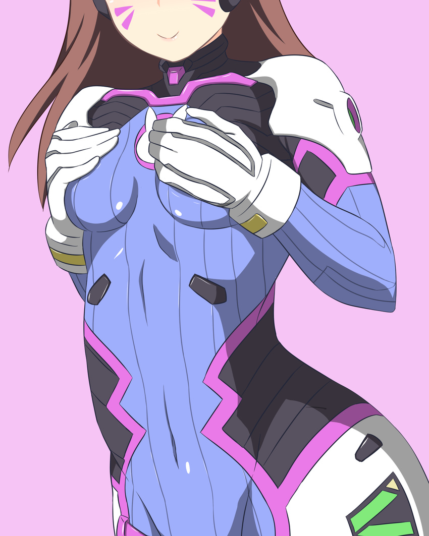 bodysuit brown_hair covering covering_breasts d.va_(overwatch) facial_mark gloves head_out_of_frame highres long_hair overwatch pilot_suit shikniful solo whisker_markings