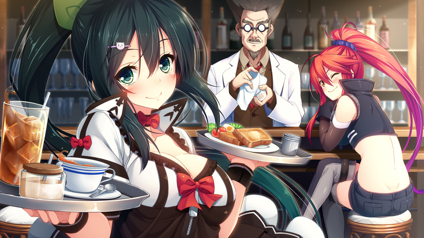 1boy 2girls aristear_remain ass astronauts astronauts_comet blush bread breasts cleavage dimples_of_venus dress drink food game_cg glasses gloves green_eyes green_hair highres himeno_haruka indoors karen_mcdowell kokusan_moyashi large_breasts long_hair looking_at_viewer looking_back midriff multiple_girls ponytail red_hair rozea short_shorts shorts sitting smile standing stool tray waitress wink yellow_eyes